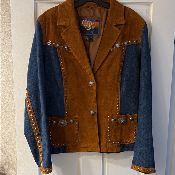 Stunning Cripple Creek Brown Leather Jacket w/ heavy Blue Jean Fabric & Conchos - Picture 2 of 16